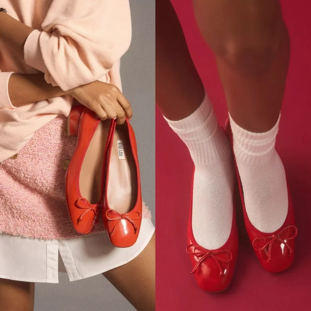 Anthropologie Bibi Lou Heeled Ballet Pumps 40 9 Red Patent Leather Square Toe
